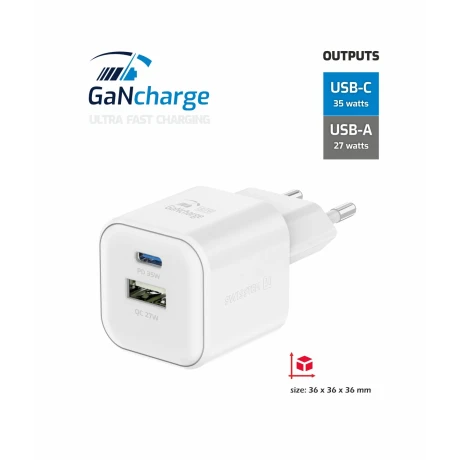 Încărcător de călătorie SWISSTEN GaN 1x USB-C 35W PD + 1x USB-A 27W QC ALB
