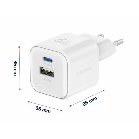 Încărcător de călătorie SWISSTEN GaN 1x USB-C 35W PD + 1x USB-A 27W QC ALB