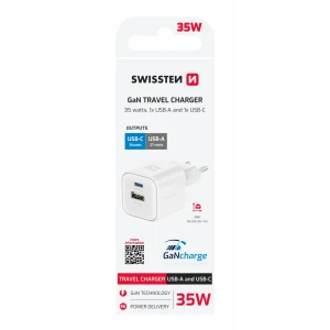 Încărcător de călătorie SWISSTEN GaN 1x USB-C 35W PD + 1x USB-A 27W QC ALB