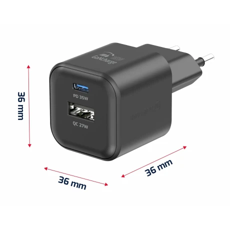 Încărcător de călătorie SWISSTEN GaN 1x USB-C 35W PD + 1x USB-A 27W QC NEGRU