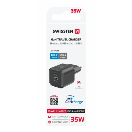 Încărcător de călătorie SWISSTEN GaN 1x USB-C 35W PD + 1x USB-A 27W QC NEGRU