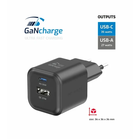 Încărcător de călătorie SWISSTEN GaN 1x USB-C 35W PD + 1x USB-A 27W QC NEGRU