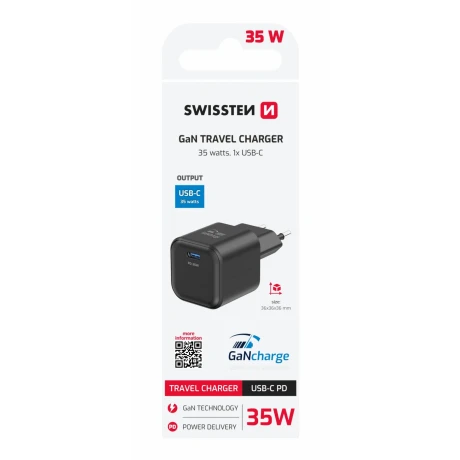 Încărcător de călătorie SWISSTEN GaN 1x USB-C 35W Power Delivery Negru