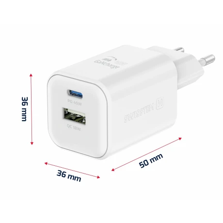 Încărcător de călătorie SWISSTEN GaN 1x USB-C 45W PD + 1x USB-A 18W QC ALB
