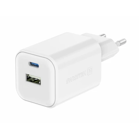 Încărcător de călătorie SWISSTEN GaN 1x USB-C 45W PD + 1x USB-A 18W QC ALB