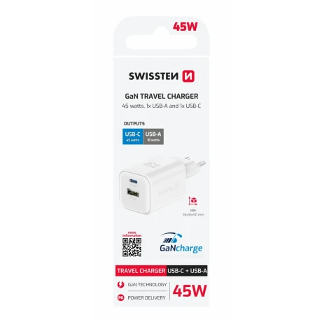 Încărcător de călătorie SWISSTEN GaN 1x USB-C 45W PD + 1x USB-A 18W QC ALB