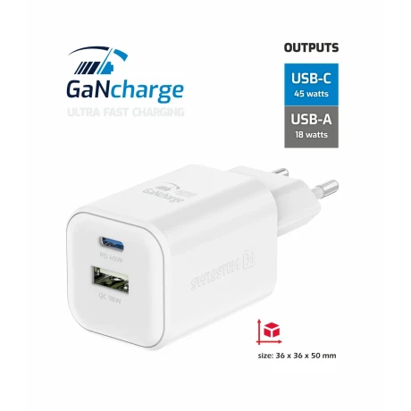 Încărcător de călătorie SWISSTEN GaN 1x USB-C 45W PD + 1x USB-A 18W QC ALB
