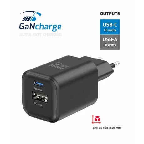 Încărcător de călătorie SWISSTEN GaN 1x USB-C 45W PD + 1x USB-A 18W QC NEGRU