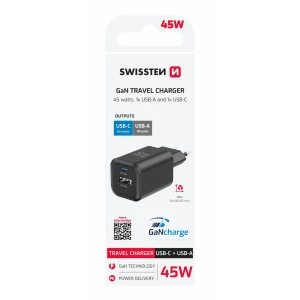 Încărcător de călătorie SWISSTEN GaN 1x USB-C 45W PD + 1x USB-A 18W QC NEGRU