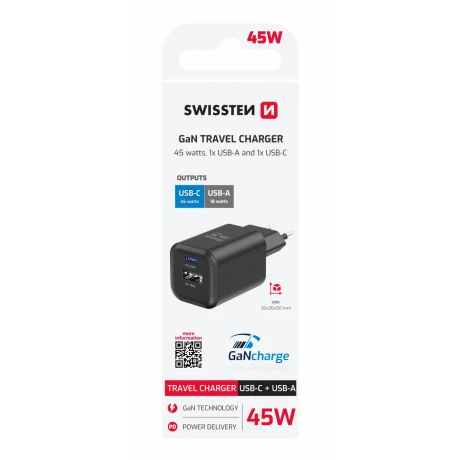 Încărcător de călătorie SWISSTEN GaN 1x USB-C 45W PD + 1x USB-A 18W QC NEGRU