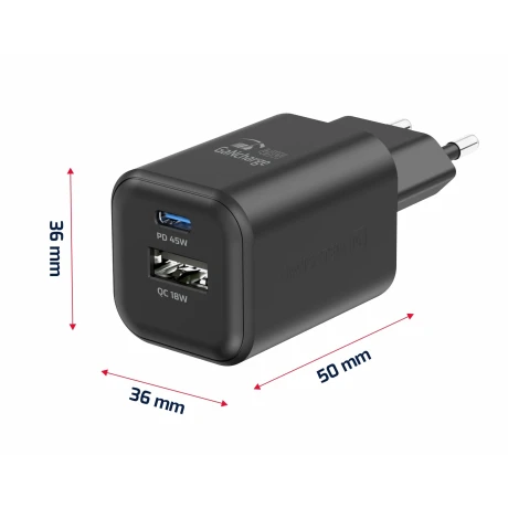 Încărcător de călătorie SWISSTEN GaN 1x USB-C 45W PD + 1x USB-A 18W QC NEGRU