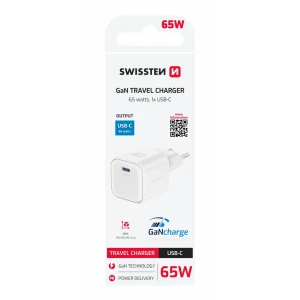Încărcător de călătorie SWISSTEN GaN 1x USB-C 65W, alb