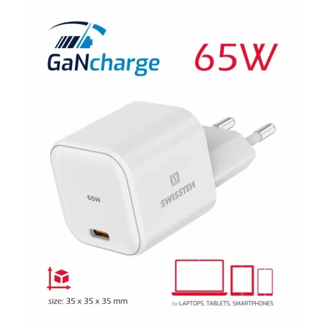 Încărcător de călătorie SWISSTEN GaN 1x USB-C 65W, alb