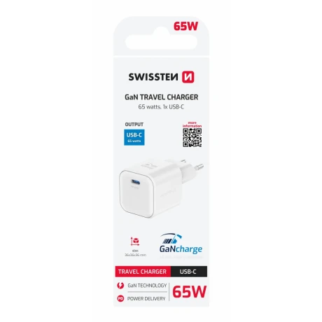 Încărcător de călătorie SWISSTEN GaN 1x USB-C 65W, alb
