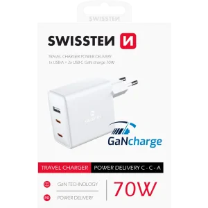 Încărcător de călătorie SWISSTEN GaN 2x USB-C + 1x USB 70W