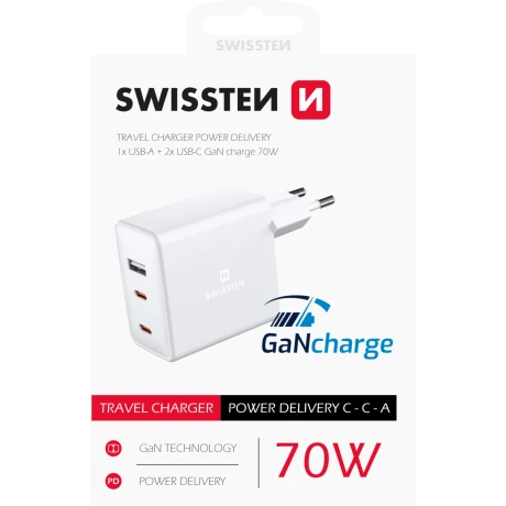 Încărcător de călătorie SWISSTEN GaN 2x USB-C + 1x USB 70W
