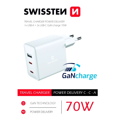 Încărcător de călătorie SWISSTEN GaN 2x USB-C + 1x USB 70W