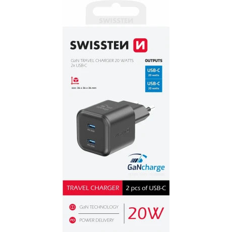 Încărcător de călătorie SWISSTEN GaN 2x USB-C 20W Power Delivery Negru
