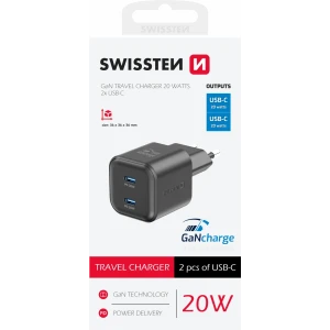 Încărcător de călătorie SWISSTEN GaN 2x USB-C 20W Power Delivery Negru