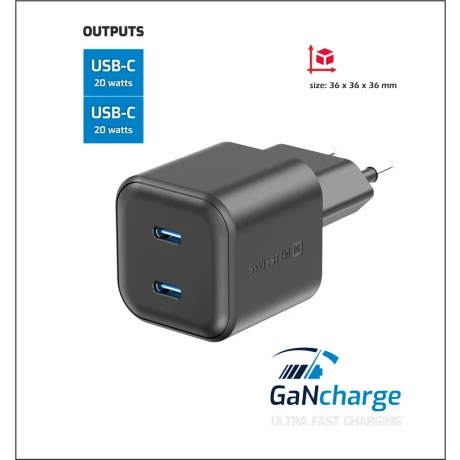 Încărcător de călătorie SWISSTEN GaN 2x USB-C 20W Power Delivery Negru