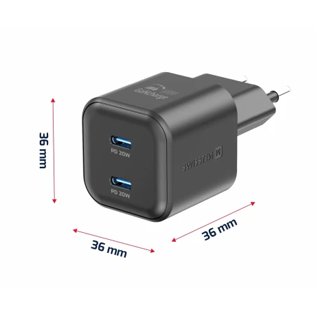 Încărcător de călătorie SWISSTEN GaN 2x USB-C 20W Power Delivery Negru