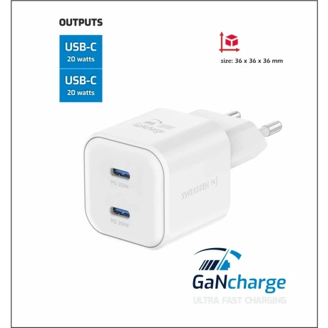 Încărcător de călătorie SWISSTEN GaN 2x USB-C 20W, putere de alimentare, alb