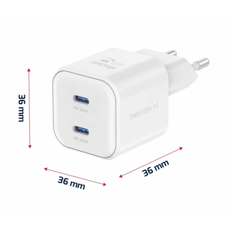 Încărcător de călătorie SWISSTEN GaN 2x USB-C 20W, putere de alimentare, alb