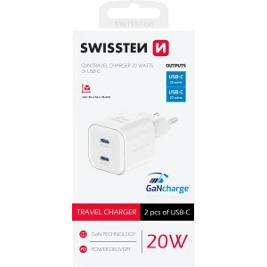 Încărcător de călătorie SWISSTEN GaN 2x USB-C 20W, putere de alimentare, alb