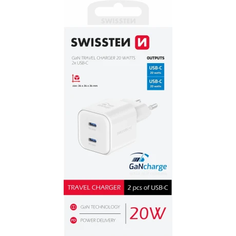 Încărcător de călătorie SWISSTEN GaN 2x USB-C 20W, putere de alimentare, alb