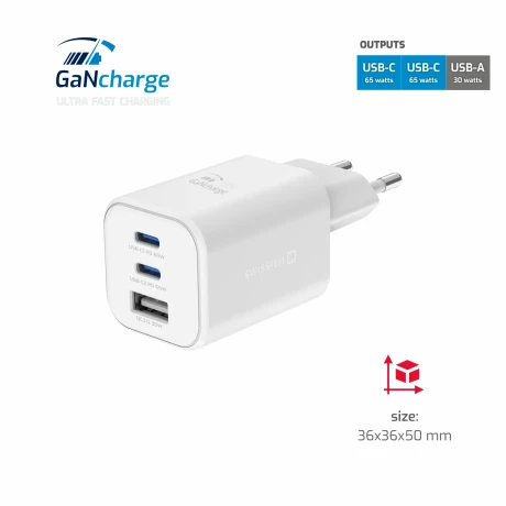 Încărcător de călătorie SWISSTEN GaN 2x USB-C 65W PD + 1x USB-A 18W QC ALB