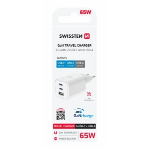 Încărcător de călătorie SWISSTEN GaN 2x USB-C 65W PD + 1x USB-A 18W QC ALB
