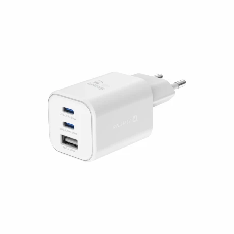 Încărcător de călătorie SWISSTEN GaN 2x USB-C 65W PD + 1x USB-A 18W QC ALB
