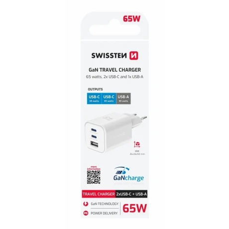 Încărcător de călătorie SWISSTEN GaN 2x USB-C 65W PD + 1x USB-A 18W QC ALB