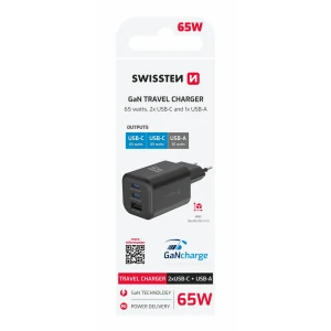 Încărcător de călătorie SWISSTEN GaN 2x USB-C 65W PD + 1x USB-A 18W QC NEGRU