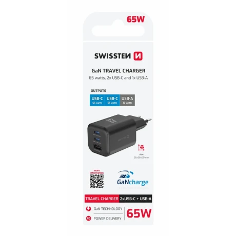 Încărcător de călătorie SWISSTEN GaN 2x USB-C 65W PD + 1x USB-A 18W QC NEGRU