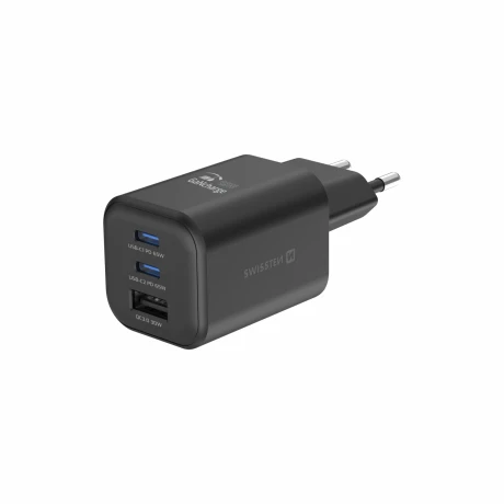 Încărcător de călătorie SWISSTEN GaN 2x USB-C 65W PD + 1x USB-A 18W QC NEGRU