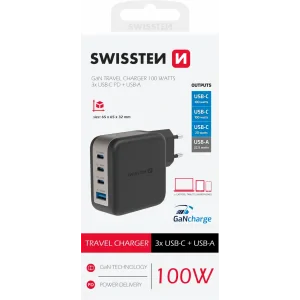 Încărcător de călătorie SWISSTEN GaN 3x USB-C 100W PD + 1x USB-A 18W QC NEGRU