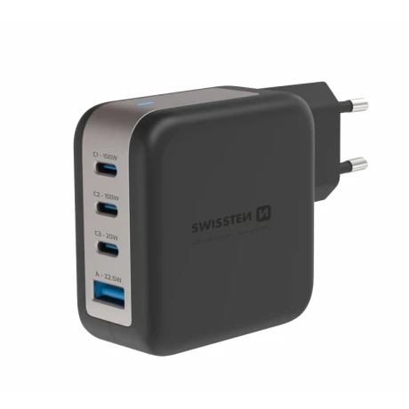 Încărcător de călătorie SWISSTEN GaN 3x USB-C 100W PD + 1x USB-A 18W QC NEGRU