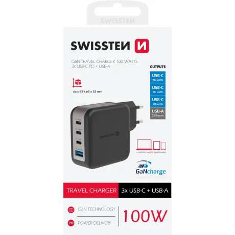 Încărcător de călătorie SWISSTEN GaN 3x USB-C 100W PD + 1x USB-A 18W QC NEGRU