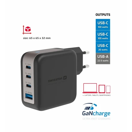 Încărcător de călătorie SWISSTEN GaN 3x USB-C 100W PD + 1x USB-A 18W QC NEGRU