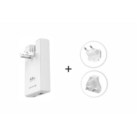 Încărcător de călătorie SWISSTEN GaN USB-C + USB-A 45W Mufe interschimbabile (SUA, UE, Marea Britanie) Alb