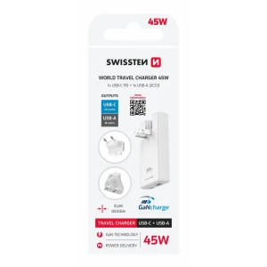 Încărcător de călătorie SWISSTEN GaN USB-C + USB-A 45W Mufe interschimbabile (SUA, UE, Marea Britanie) Alb