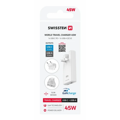 Încărcător de călătorie SWISSTEN GaN USB-C + USB-A 45W Mufe interschimbabile (SUA, UE, Marea Britanie) Alb