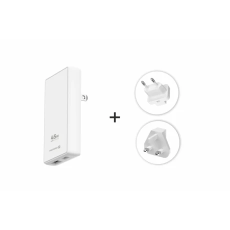 Încărcător de călătorie SWISSTEN GaN USB-C + USB-A 45W Mufe interschimbabile (SUA, UE, Marea Britanie) Alb
