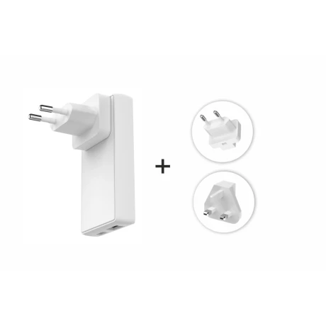Încărcător de călătorie SWISSTEN GaN USB-C + USB-A 65W Mufe interschimbabile (SUA, UE, Marea Britanie) Alb