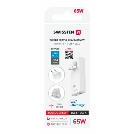 Încărcător de călătorie SWISSTEN GaN USB-C + USB-A 65W Mufe interschimbabile (SUA, UE, Marea Britanie) Alb