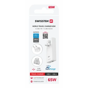 Încărcător de călătorie SWISSTEN GaN USB-C + USB-A 65W Mufe interschimbabile (SUA, UE, Marea Britanie) Alb