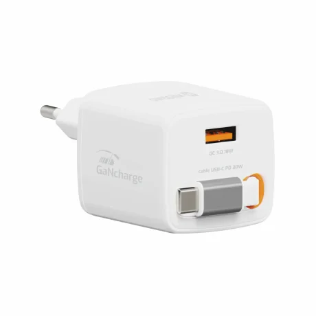 Încărcător de călătorie SWISSTEN SlideCHARGE GAN 30W, 1× USB-A 18W cu cablu retractabil USB-C de 0,75 m, alb