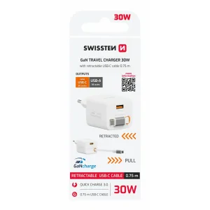 Încărcător de călătorie SWISSTEN SlideCHARGE GAN 30W, 1× USB-A 18W cu cablu retractabil USB-C de 0,75 m, alb