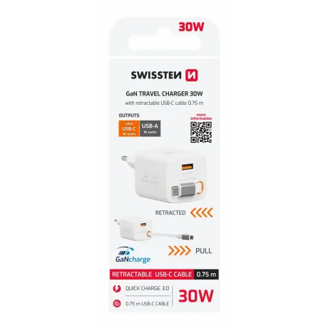 Încărcător de călătorie SWISSTEN SlideCHARGE GAN 30W, 1× USB-A 18W cu cablu retractabil USB-C de 0,75 m, alb